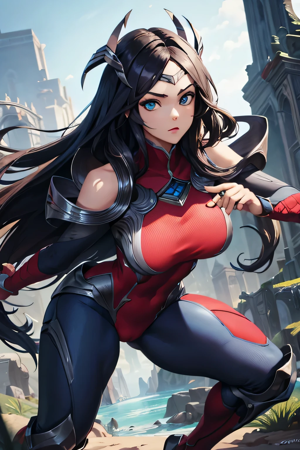 (masterpiece), best quality, thigh, camel toe,expressive eyes, perfect face, highres, 1girl, solo, irelia, bodysuit, bare shoulders, forehead protector, hair ornament, armor, (leaning forward), standing, portrait, looking at the viewer,