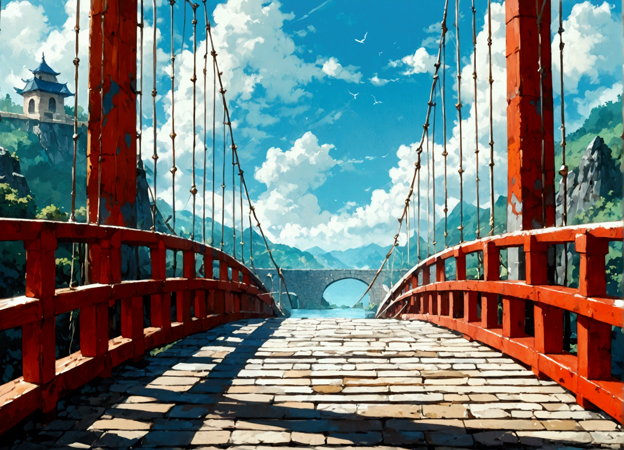 a picture ((a view from the side)), of wooden bridge between hell and heaven, from one side of the bridge inferno of hell and fire, from the other side of the bridge, celestial calm, heavenly clouds,  there is a river under the bridge, mist rising from the river, masking part of the bridge, a female angel stand guard,  best details, best quality, highres, 16k, (ultra detailed: 1.5), masterpiece, best quality, (extremely detailed) RAW, (ultra details, Masterpiece, best quality), 