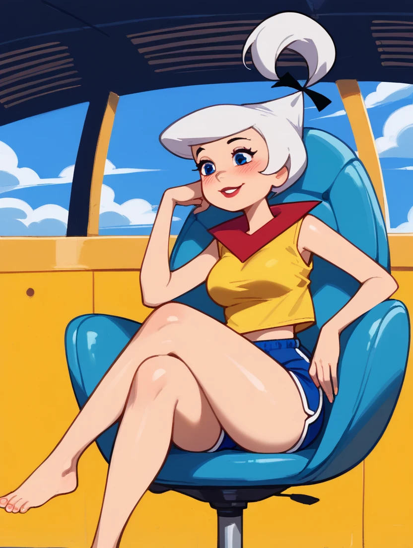  1 ,Alone,  Judy_ Jetson    ,    white hair high ponytail,    sci-fi furniture    ,  Wear yellow tank top  + light blue dolphin shorts  ,big breasts,blue eyes,   thick thighs   , Blush, to smile,     sitting on a chair   , legs crossed, feet,    sci-fi set ,perfect anatomy,Sensual, colorful 