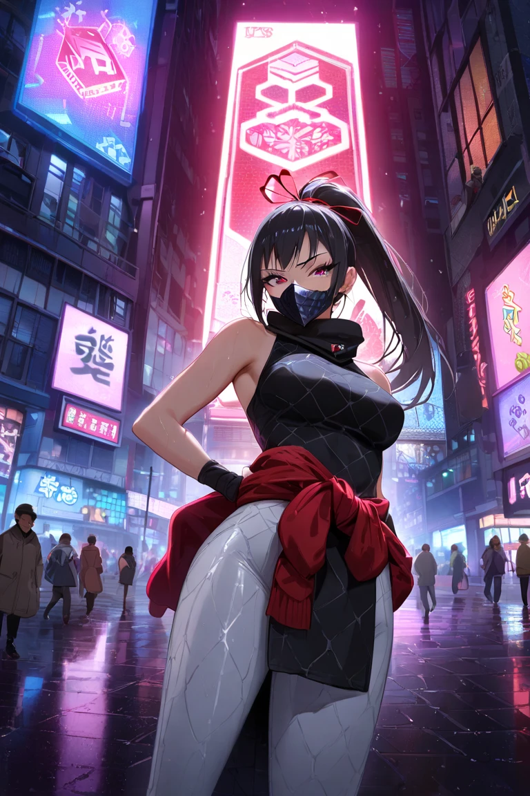 1girl,solo,black hair,high ponytail,red ribbon wrapped around waist, form fitting fabric with intricate hex pattern, black futuristic mouth mask,face cover, eyelashes, holding kunai, sassy smirk, standing in front of ramen building with multiple speaker, vibrant light, holographic advertisement floating above the streets, neon light, wet pavement, ethereal lighting, digital world projection flicker accross buildings, crowd people