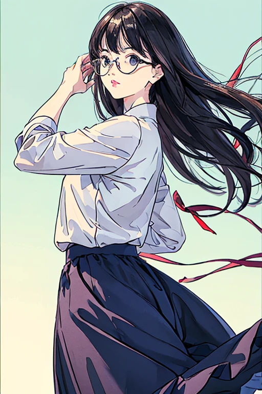 (( best quality)), ((傑 best quality、masterpiece、High sensitivity、 high definition 、詳細な描写、 Delicate Facial Description)), Slender woman、Glasses、 jumper skirt、A strong wind is blowing、Hair gets messy、 turn your skirt over 、