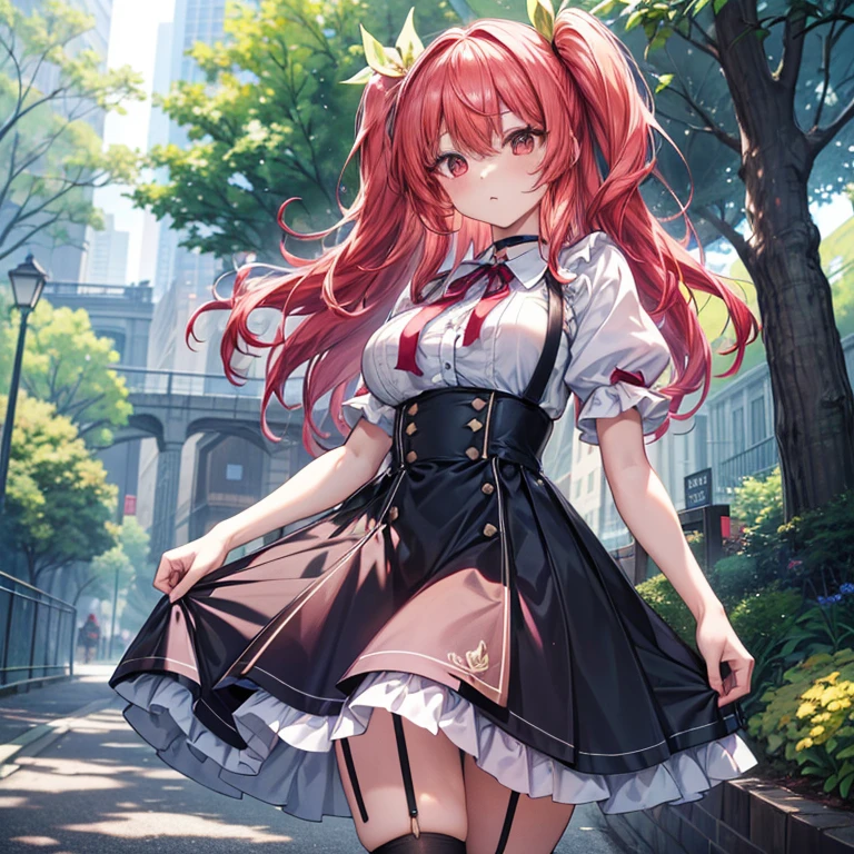 (( best quality)), ((masterpiece)), (  Details),( ultra high resolution)、 STELLA VERMILION、
 hair between eyes、 hair intake、ヘアribbon、 long hair、（Red Eye：1.5）、 red hair、 two side up、黄色いribbon、
黒の choker、 choker、emblem、 garter strap、ネックribbon、Check pattern、ふくらんだShort sleeve、Puffy sleeves、紫のribbon、 red hair、ribbon、uniform、 shirt、Short sleeve、skirt、 Knee Socks、白の shirt、白のskirt、
 perfect face、超 Detailsな肌、(Perfect Fingers、Perfect hands)、 perfect body、
( cowboy shot 1 · 3)、
blue sky、A tree-lined street filtering through the trees 、８k、