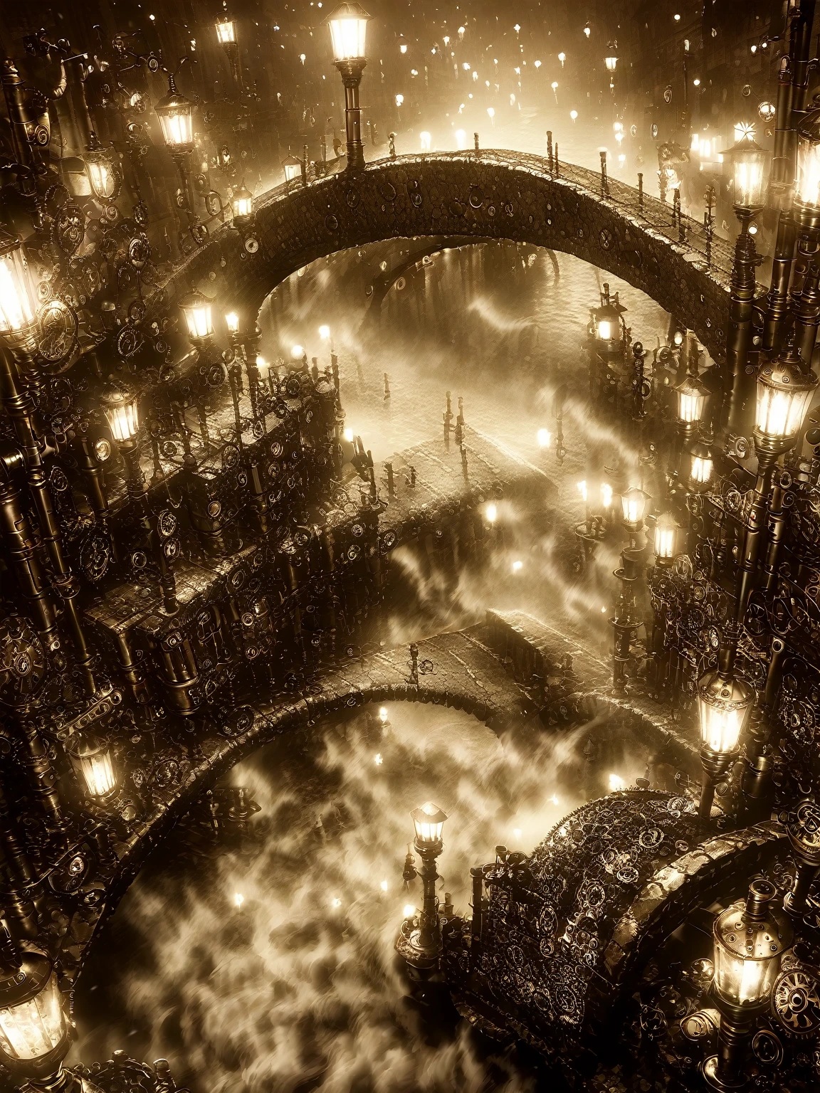 (Ancient Stone Bridge:1.3), swirling thick fog, steampunk aesthetics, brass gears and pipes, glowing gas street lamps, mysterious atmosphere, intricate clockwork mechanisms, Victorian era clothing, sepia tones, ultra-detailed, cinematic lighting, epic scale, photorealistic rendering,