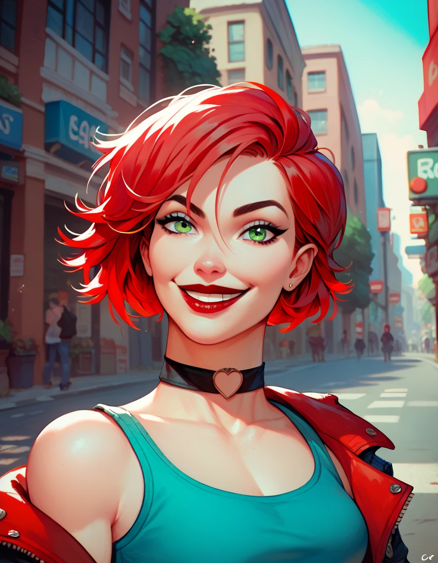 ((best quality)), ((8k)), beautiful woman, ((caucasian skin)), red hair, short hair, jacket, black cropped, ripped jeans, posing, sensual, ((streets)), red lipstick, black choker, green eyes, evil smile, portrait, slender body,