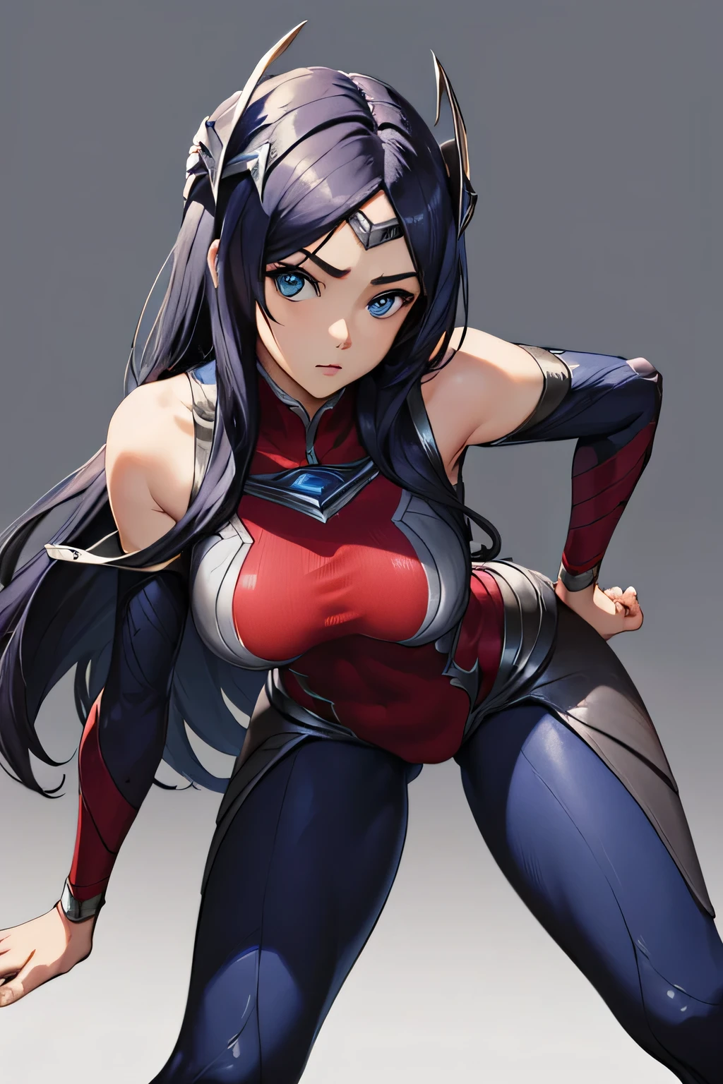 (masterpiece), best quality, thigh, camel toe,expressive eyes, perfect face, highres, 1girl, solo, irelia, bodysuit, bare shoulders, forehead protector, hair ornament, armor, (leaning forward), standing, portrait, looking at the viewer,