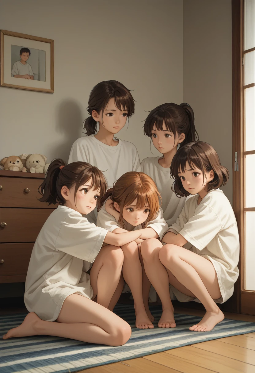 bedroom,4 people, anime picture ,Sisters,Cuddle up,virgin, embarrassed , girl, black hair, black eyes ,
幼い girl, brown hair, Brown Eyes ,Young girl, golden hair , long hair, ponytail, bob cut from the front,
full body, nudes, open legs,Raise one arm,4 people, open legs, stare at each other, I'm not wearing anything ,Nothing attached,Stand side by side,No tie,whole body,All in the same pose,Side by side, tongue,There is no man,