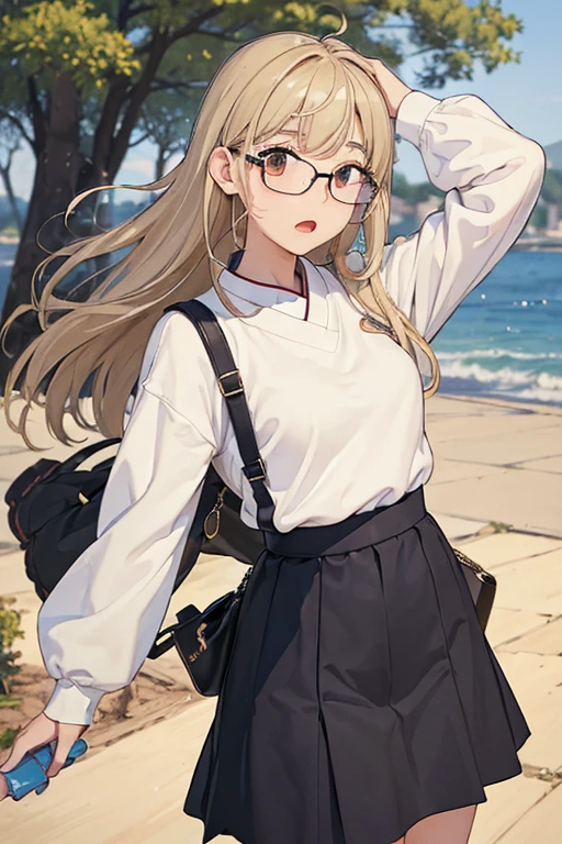 (( best quality)), ((傑 best quality、masterpiece、High sensitivity、 high definition 、詳細な描写、 Delicate Facial Description)), Slender woman、Glasses、 jumper skirt、A strong wind is blowing、Hair gets messy、 turn your skirt over 、