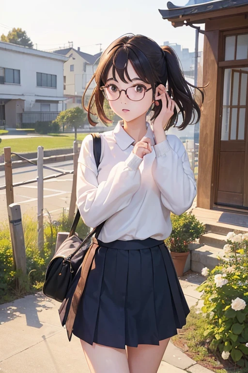 (( best quality)), ((傑 best quality、masterpiece、High sensitivity、 high definition 、詳細な描写、 Delicate Facial Description)), Slender woman、Glasses、 jumper skirt、A strong wind is blowing、Hair gets messy、 turn your skirt over 、