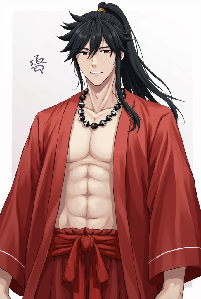 highres, sharp focus, pixiv masterpiece, ((intricate details)), highly detailed, yasuri_shichika, 1boy, male, stripe bead necklace, black hair, (spiked hair:1.1), ponytail, very long hair, red clothes, red open clothes, simple kimono, hakama <lora:Yasuri Shichika:0.8>