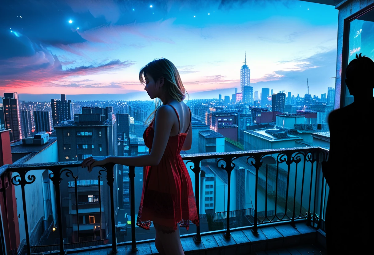 score_9, score_8_up, score_7_up, 3d, (Photo), (Scenic Background, View of Massive Modern City from a high rise balcony, with a dense fog covering the ground, a large Modern Neon City with skyscrapers and tall buildings, aurora and stars fill the night sky: 1.3), (Silhouette of a woman in a red lace nightgown standing overlooking the city on balcony: 1.3), extremely detailed, ray tracing, RTX, high saturation, high contrast, photon mapping, gloomy, (sharp image), (best quality), (detailed background), (intricate details), (lowkeylights_v2), (Dark), (Low-Key)
