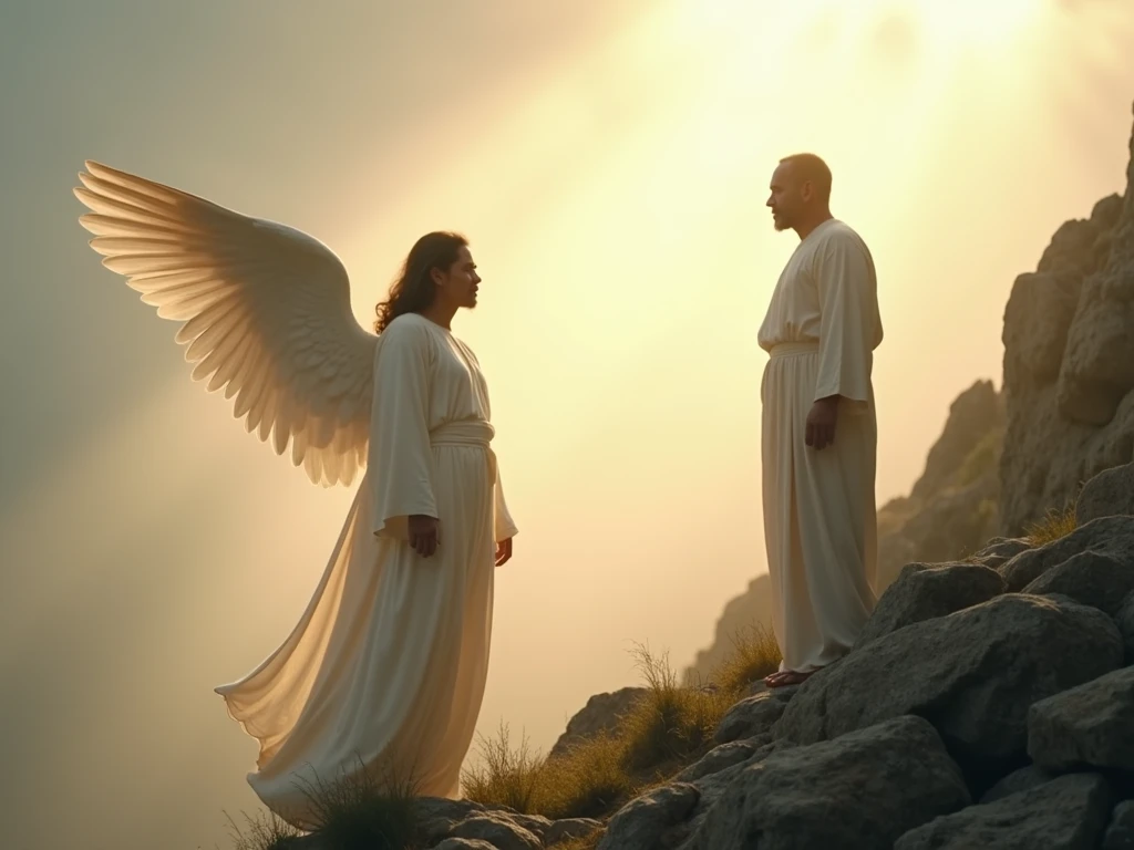 A radiant figure stands at a distance, watching over a middle-aged man on a rocky mountainside. The angel has an expression of calm and compassion, with soft light illuminating his face and flowing robes. The sky behind is soft and slightly overcast, with beams of sunlight breaking through, creating an atmosphere of divine guidance and reassurance, realistic photography style, —ar 16:9