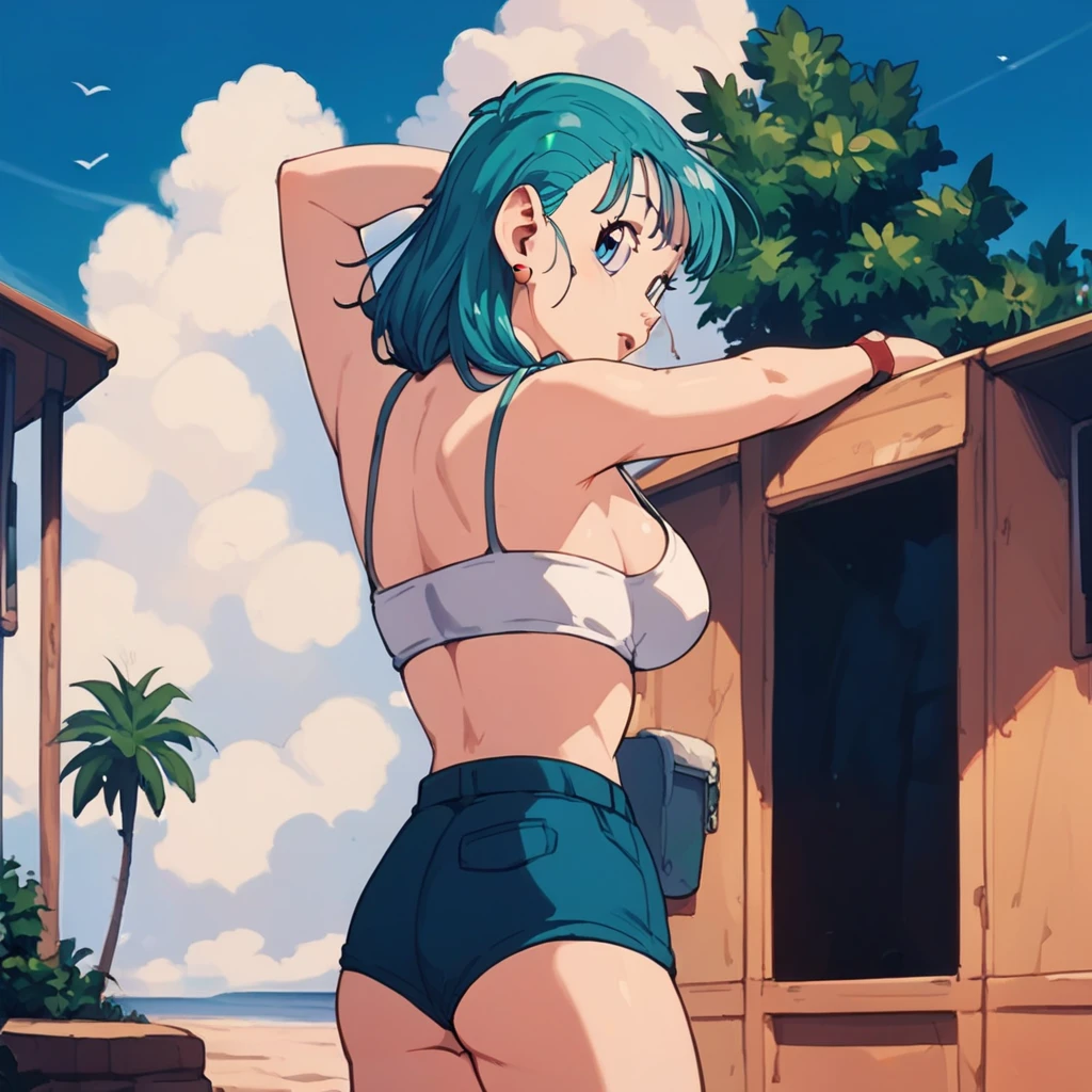 Side view of two Bulma clones standing on a cliff in white bikinis with big breasts and the sky in the background.