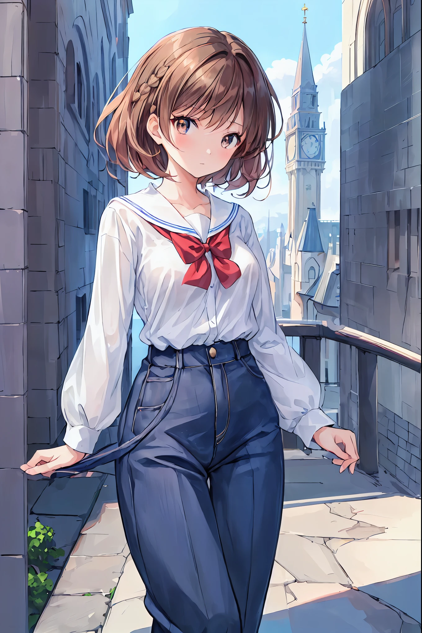 ((masterpiece)), (Anime:1.5), (( best quality)), ( RAW Photos:1.2), ( high definition :1.3), (Professional photography:1.2), (chromatic aberration), one girl , (()), (Serious), ( 、 middle school students with beautiful brown eyes :1.3), Viewers, Plain Shirt, O-ring, Bedhead, Medium Hair , ( Small Waist Pants ), (( work pants)), 明るい brown hair, ( small ), Cute waist, Outdoor, ((Top of the big bell tower)), brown hair, shortcut , hair is disheveled, Short Braided Hair ,Neat, Slender Beauty ,Dignified posture, small ,Beautiful legs,Her mesmerizing grey-blue eyes shine like stars., bright color , beautiful eyes ,A delicate smile,textured skin, best qualityのものが最高, gentle beautiful woman ,Anime風、