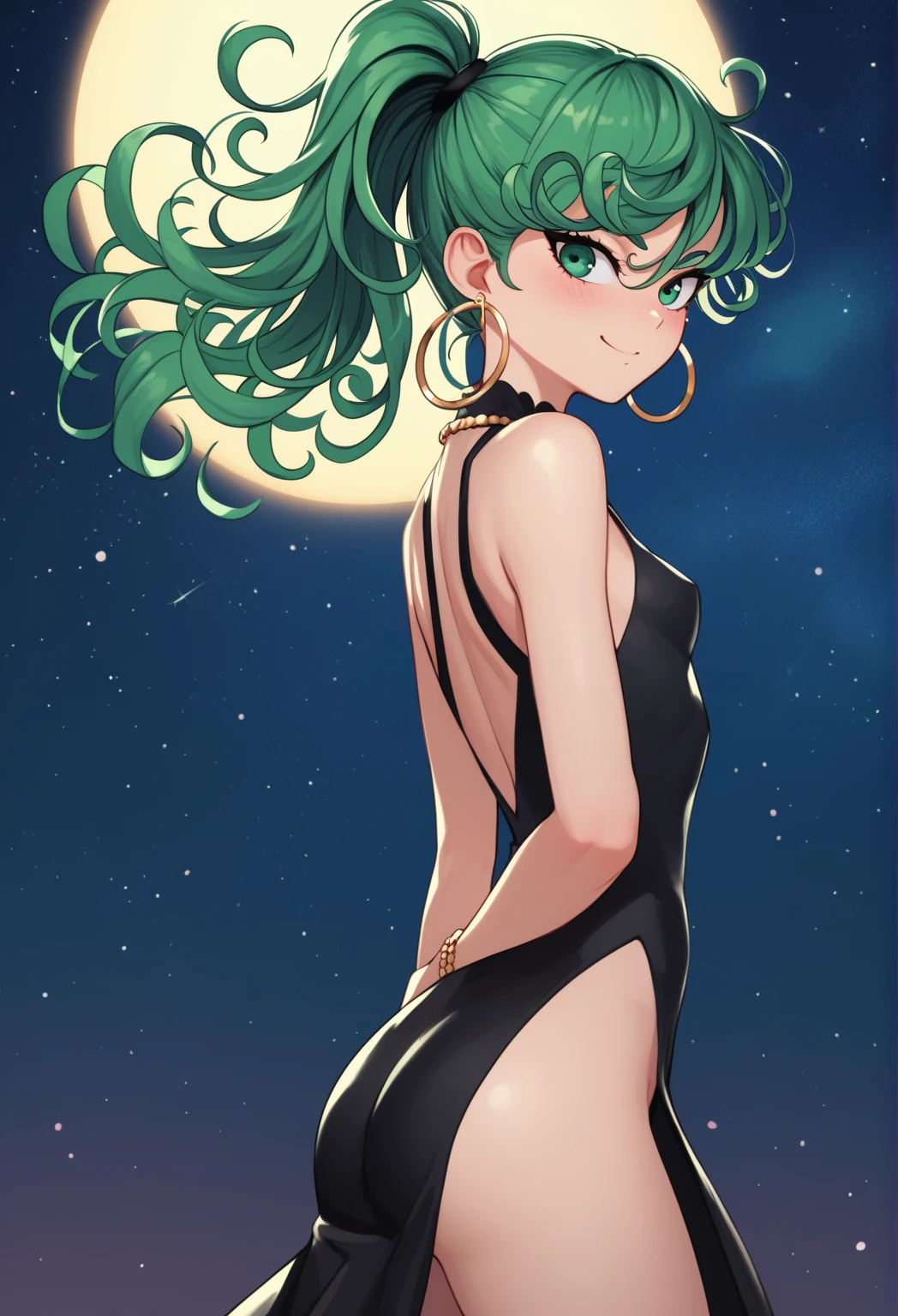 tatsumaki,green hair,curly hair,green eyes, long hair,small breast , Ponytail,
, earrings,hoop earrings,cross necklace,jewelry,poese, High Resolution, Masterpiece, High Quality, Bangs, Hair Over One Eye,  cute, elegant black dress, night, starry sky, romantic setting, smile, blush, hands behind back, cowboy shot, petite, ass, solo
