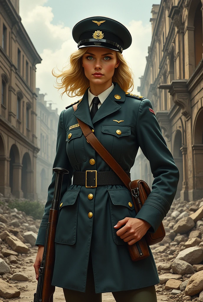 Illustration of an English female soldier from WW2, blonde hair cascading beneath a military cap, clutching a rifle, gazing determinedly into the distance, shadows and light accentuating her uniform's details, standing diligently amidst war-torn ruins, art style reminiscent of classic wartime posters, rich in historical accuracy and emotive detailing, digital painting.