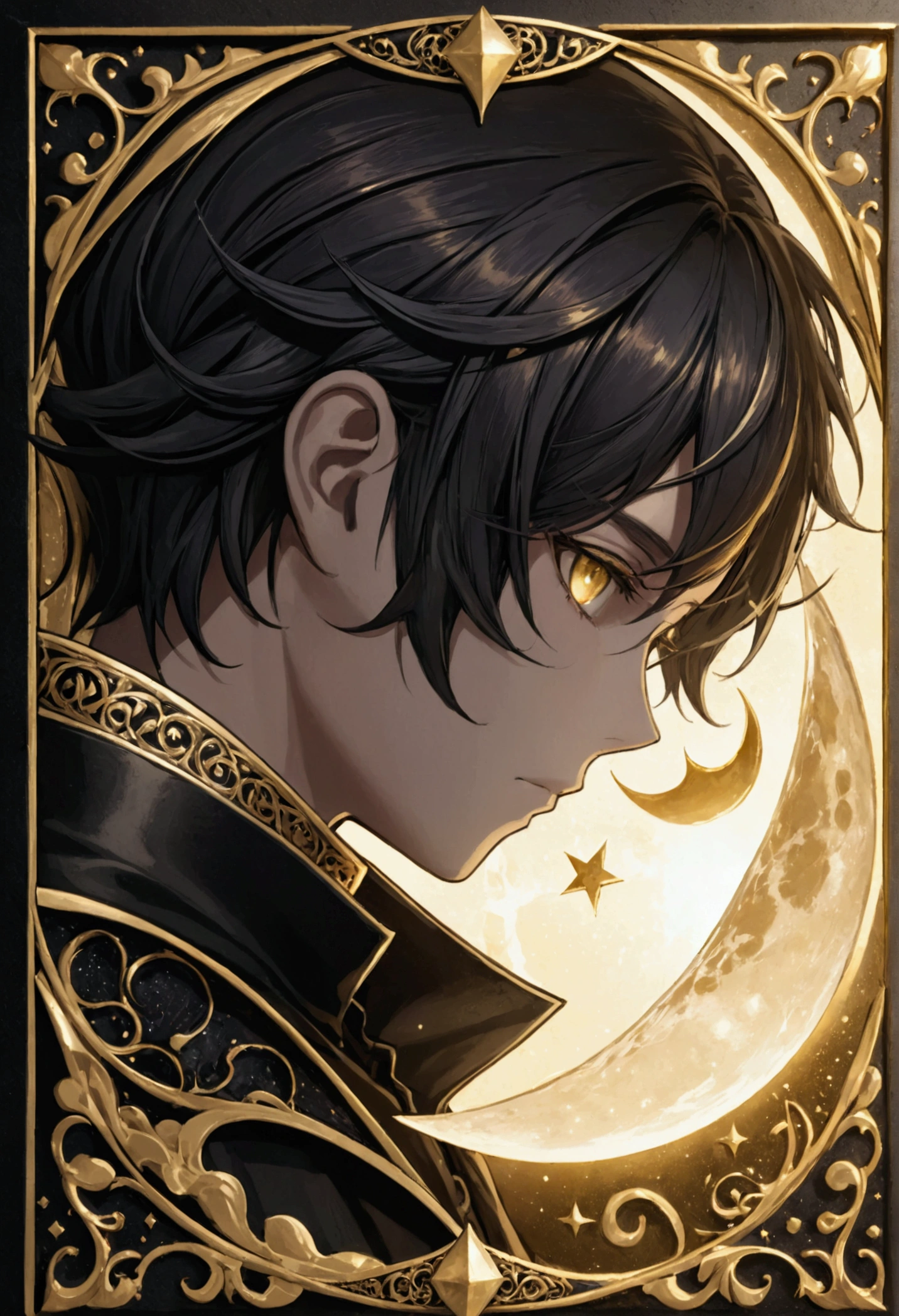 anime, magical back of a medieval card game, bronze frame, intricate center part, simple, minimalist. (black background), (magic gold), The representation emphasizes realistic and highly detailed features, black color, silver. magic sand, (black holding a moon).