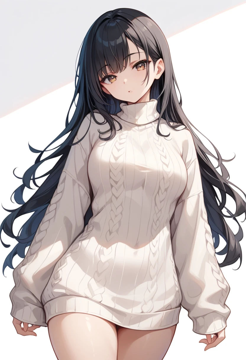 1girl, sexy, seductive, beautiful girl, long hair, black hair, average height with long black hair and hazel eyes, medium sized thighs, baggy sweater, simpledrawing, cartoon drawing, oversized sweater, long sleeves , large sleeves cover entire arm, white background, white light, front angle 