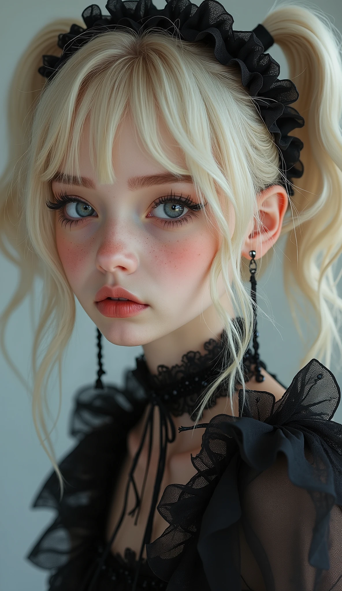  RAW Photos、 Realistic Pictures、Very realistic、( best quality、masterpiece、Super detailed、 one girl 、 cute face、Silky Short Blonde、(((  twin tail short hair、)))、 gray eyes、From the knee up、  gothic ****ta fashion  、 Very Detailed Eyes、Small red cheeks and nose、 cute face、