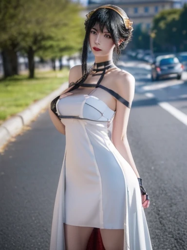 masterpiece,((small girl)),ponytail,brown eyes,brown hair,((Knit one piece dress x spats,middle boots)),(spread arms,handcuffs),((small breasts)) ,medium long hair,earrings, necklace,((sweat)), wedding ring