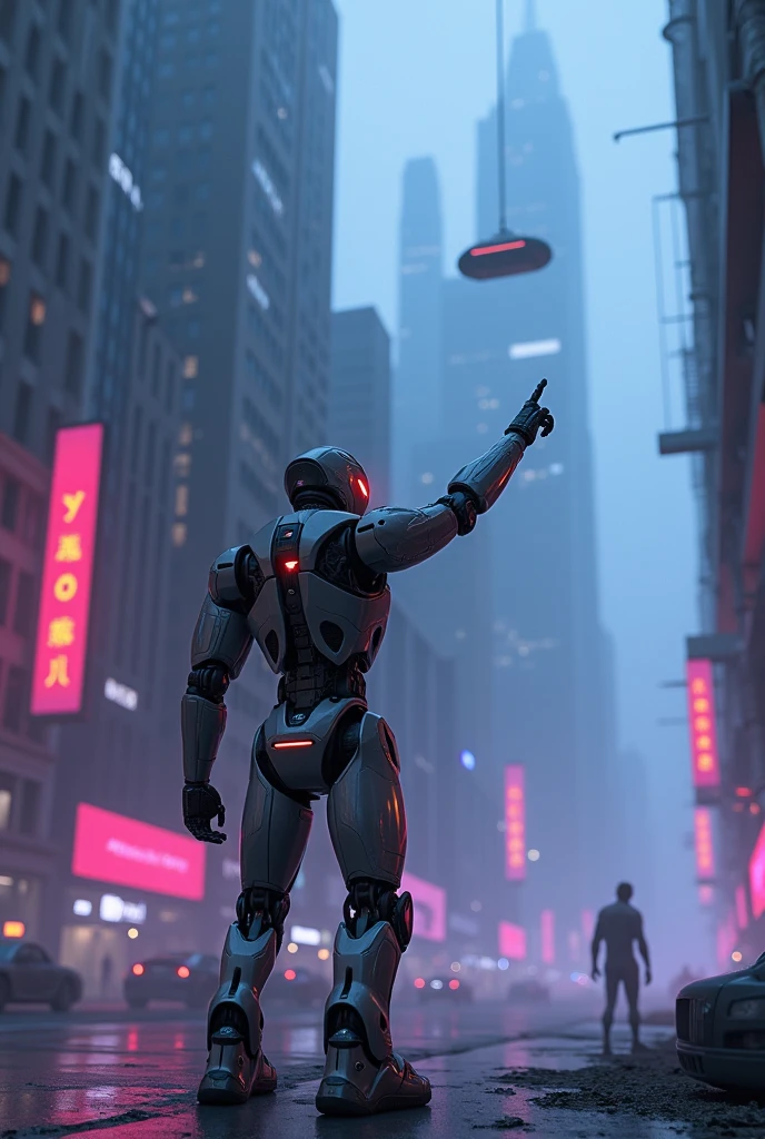 Humanoid robot pointing at something high in cyberpunk #73198d , #131017
