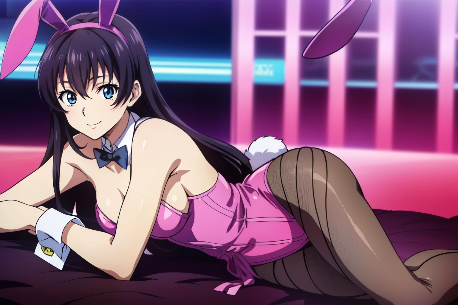 1 girl, cute, black hair, long hair, (smile), (brightly lit Casino), (((Playboy bunny, Fishnet tights,  Bunny suit, bustier, bow tie))), lying on  stomach, prone, smile, (anime cels style, Masterpiece, best quality, high resolution, anime colored, megami magazine:1.2, anime poster style, anime keyvisual, sharp, 8k, photorealistic), beautiful eyes