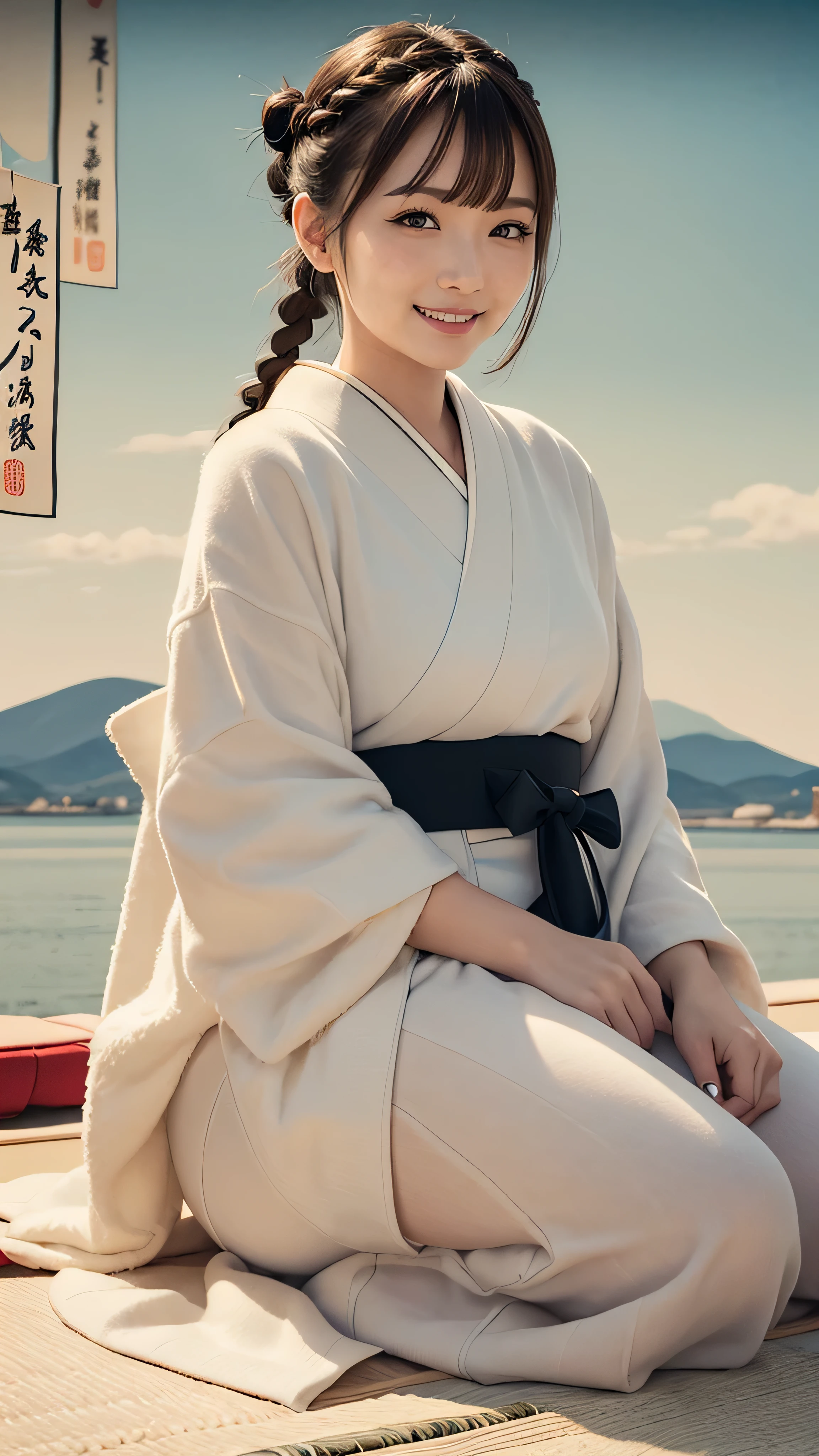 Realistic, masterpiece, best quality, 8k, anatomically correct, Accurate Human Structure , one Japanese woman , show a little teeth and smile, fine and beautiful eyes, Sparkling eyes, False eyelashes, ( Ukiyo-e makeup :1.2), (Braided Hair, dull bangs, Brown Hair:1.2), detailed face , Sharp Eyes, (Japanese plain clothes :1.3), photo showing the top from the thigh , warm colored background
