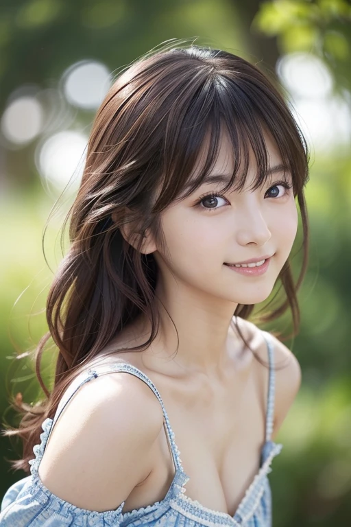 Photo-realistic quality、 Japanese model in blue dress poses for photos、リアルな young gravure idol 、Young cute gravure idol、 young gravure idol 、 young sensual gravure idol、 young skinny gravure idol 、 look at the camera、 detailed and beautiful eyes、 cute smile with blush、Relaxed and soft 、 Gentle Expression 