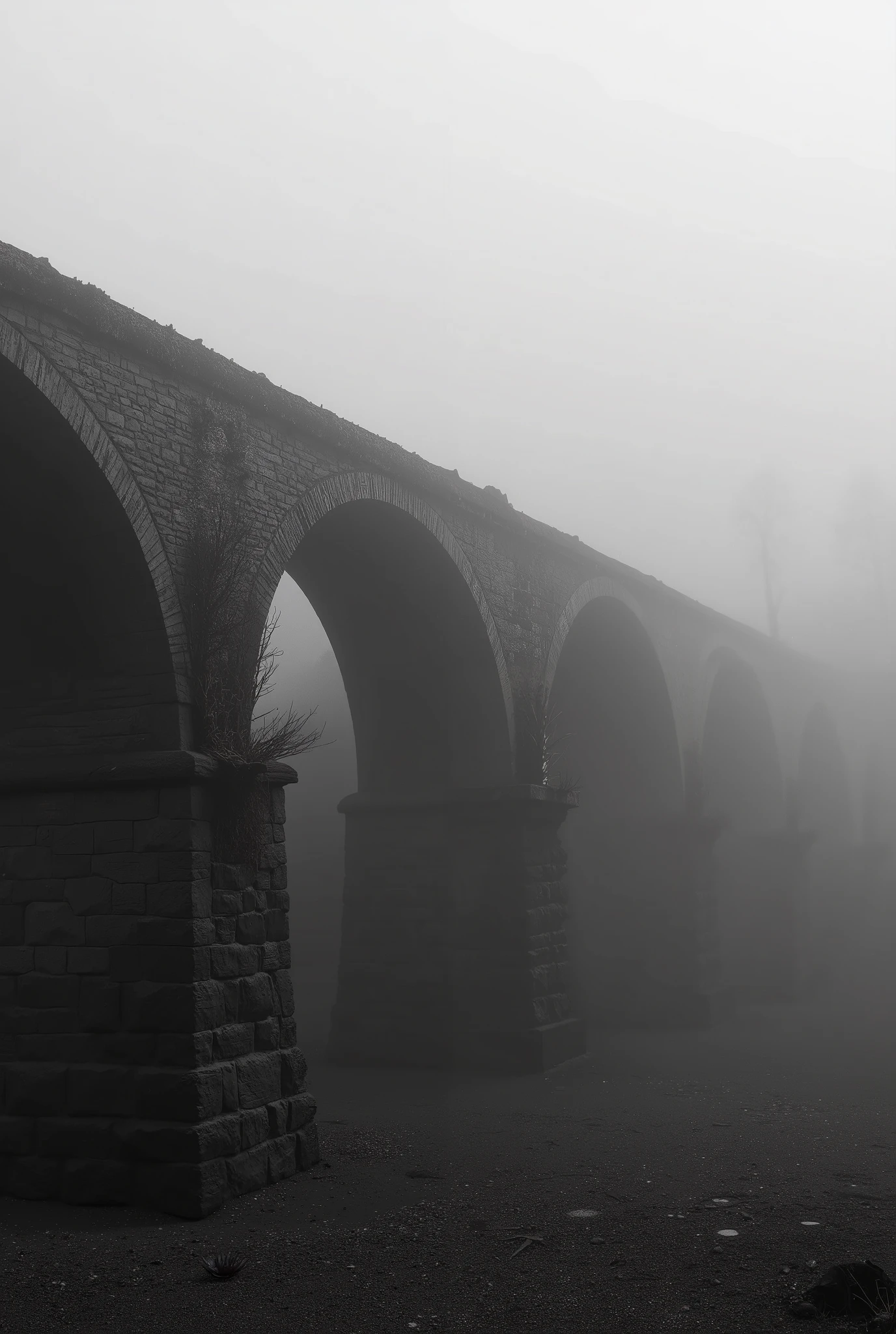  A very old bridge with deep fog、 Black and White Art 、A bridge so old that it seems like it's still going to break 、Stone Bridge、Ruins