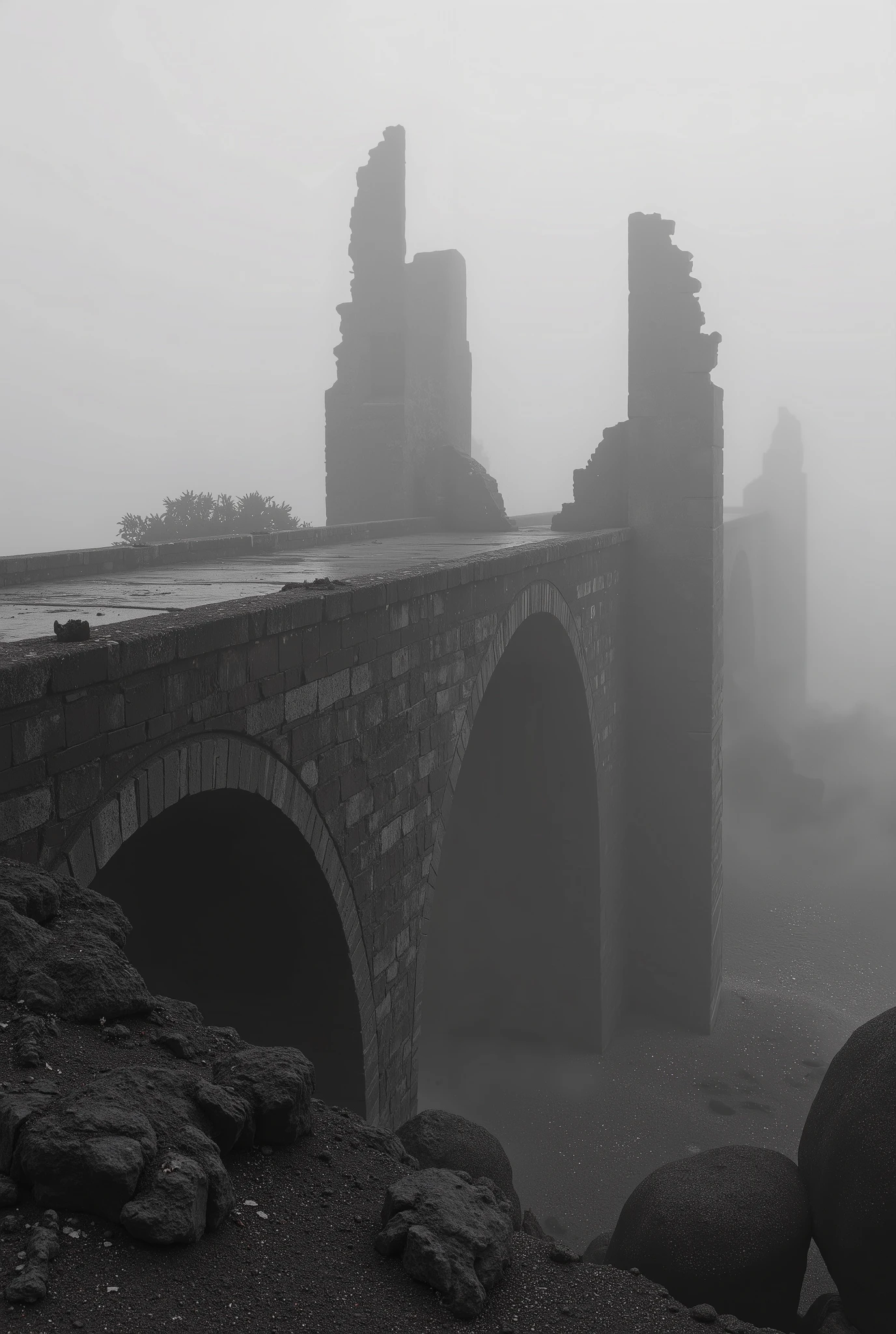  A very old bridge with deep fog、 Black and White Art 、A bridge so old that it seems like it's still going to break 、Stone Bridge、Ruins