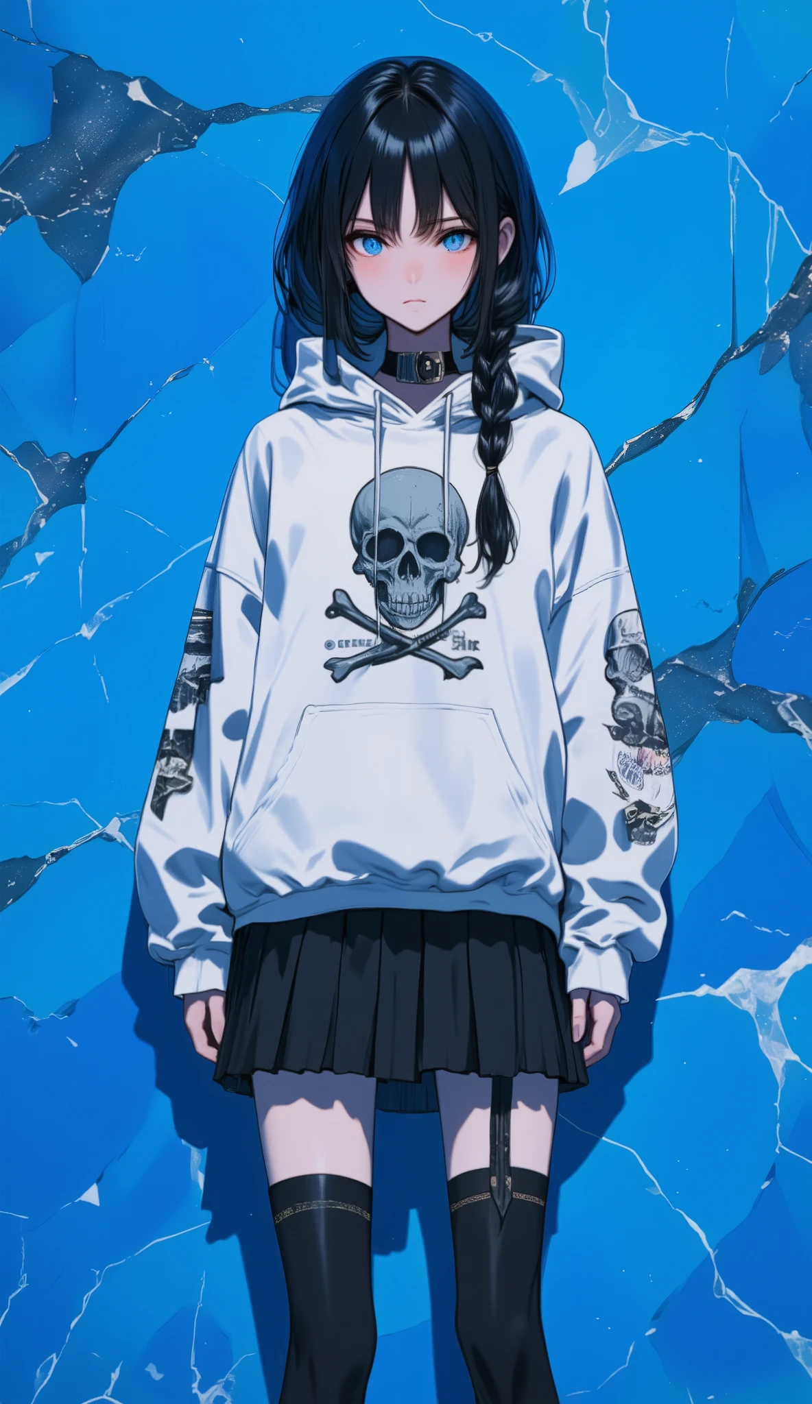 ultramarine blue background 、 marble pattern background、  girl just standing  , Only Girl、  full body shot from the front,   ultra high resolution,   best quality、☠  HOODIE、  flat chest、  beautiful details 、  black hair、  French braid:1.48、  black hair ×   blue eyes、  blue eyes、  serious expressions、 💀mark&#39;白い  HOODIE、  black pleated skirt  、 A sneak suit 、 black knee socks 