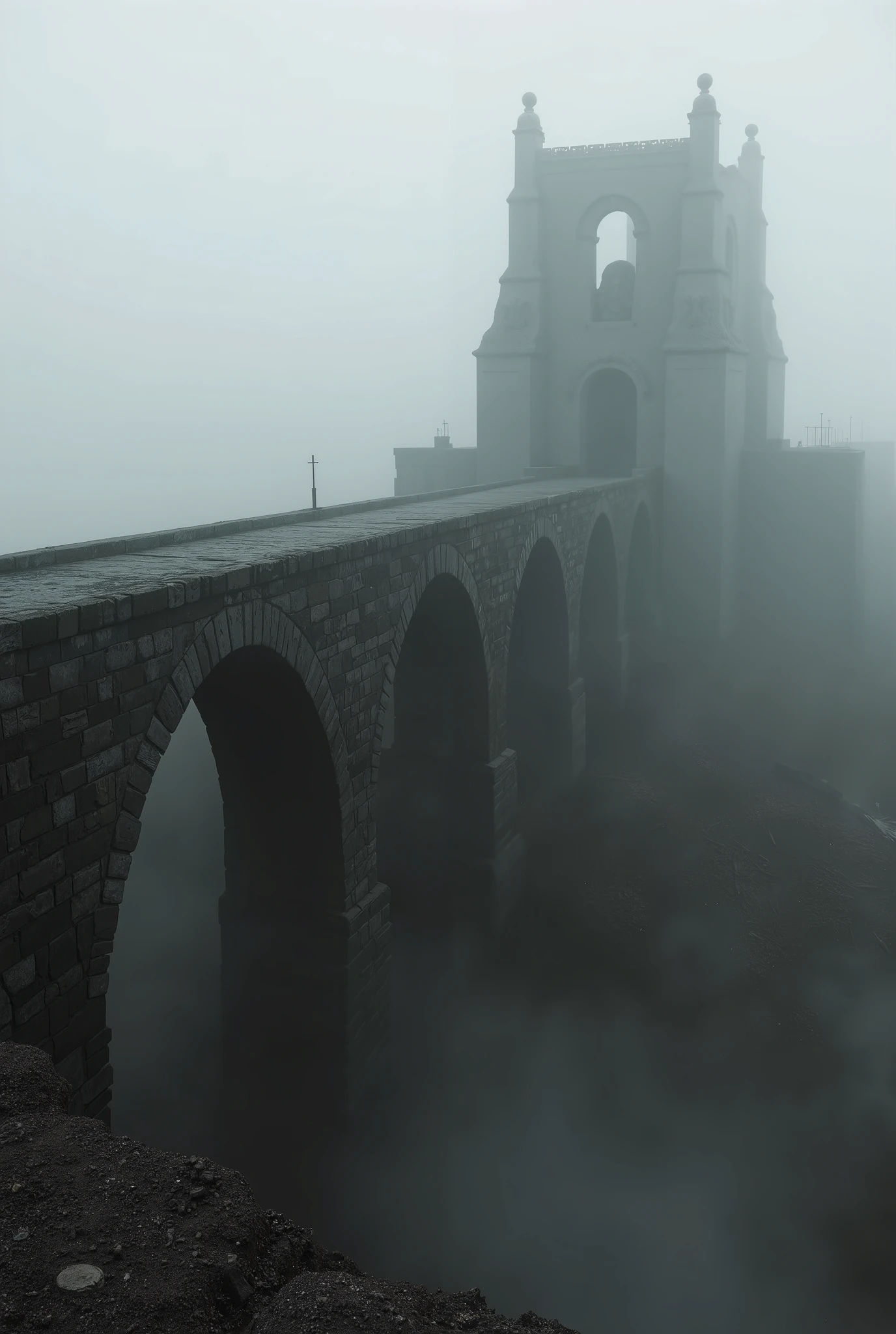  A very old bridge with deep fog、 Black and White Art 、A bridge so old that it seems like it's still going to break 、Stone Bridge、Ruins