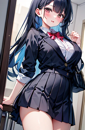 1girl, ((school uniform)), mature female, tall female, blue hair, dark blue hair, black hair, long hair, messy hair, wavy mouth, blue eyes, shy, timid, large breasts, thick thighs, pantyhose, arms behind back, white skirt, skirt, red necktie, necktie, blue jacket, pleated skirt, red glasses, glasses, ((blue jacket)), jacket