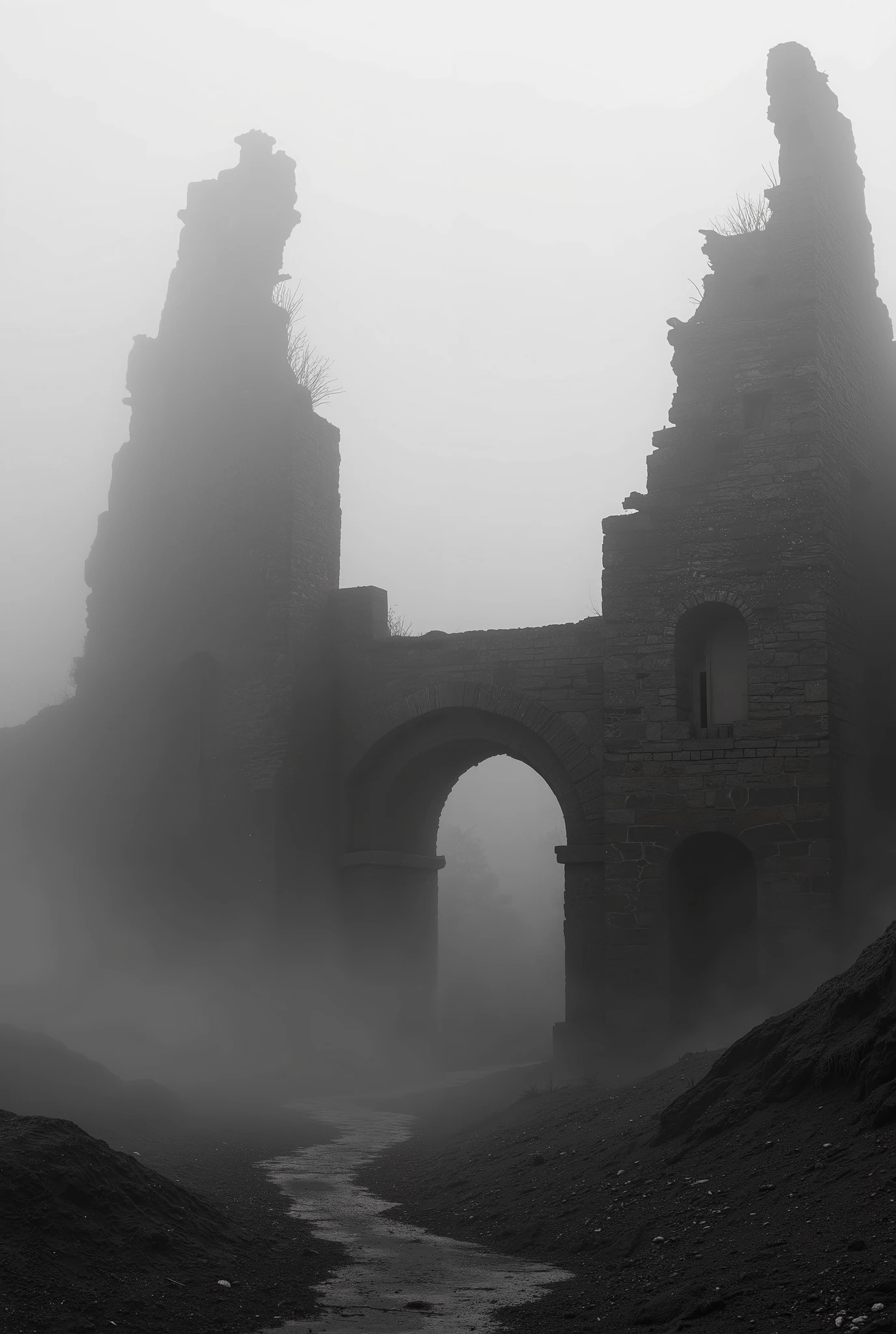  A very old bridge with deep fog、 Black and White Art 、A bridge so old that it seems like it's still going to break 、Stone Bridge、Ruins