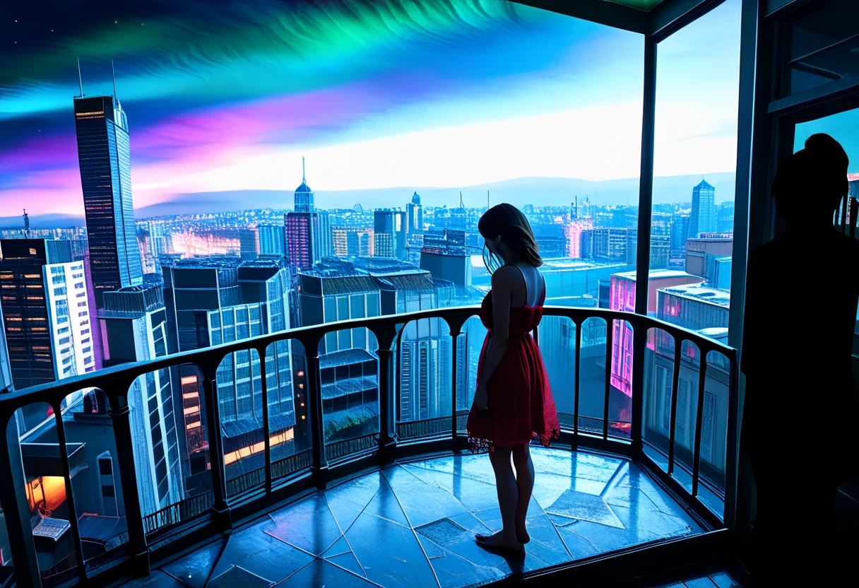 score_9, score_8_up, score_7_up, 3d, (Photo), (Scenic Background, View of Massive Modern City from a high rise balcony, with a dense fog covering the ground, a large Modern Neon City with skyscrapers and tall buildings, aurora and stars fill the night sky: 1.3), (Silhouette of a single woman in a red lace nightgown standing overlooking the city on balcony: 1.3), extremely detailed, ray tracing, RTX, high saturation, high contrast, photon mapping, gloomy, (sharp image), (best quality), (detailed background), (intricate details), (lowkeylights_v2), (Dark), (Low-Key)
