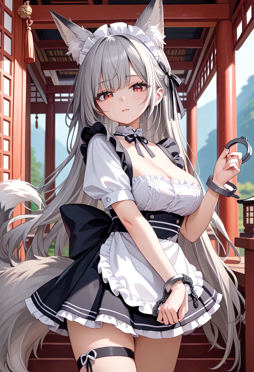 Best Quality, masterpiece, High resolution　(Fox ears)　Fox&#39;s Tail　Gray Hair　Red eyes　Black maid outfit　White Shirt　Ruffled mini skirt　Put handcuffs on both wrists　(Very big boobs)　Cleavage　Gentle expression　shrine　Inner room　Diagonal composition