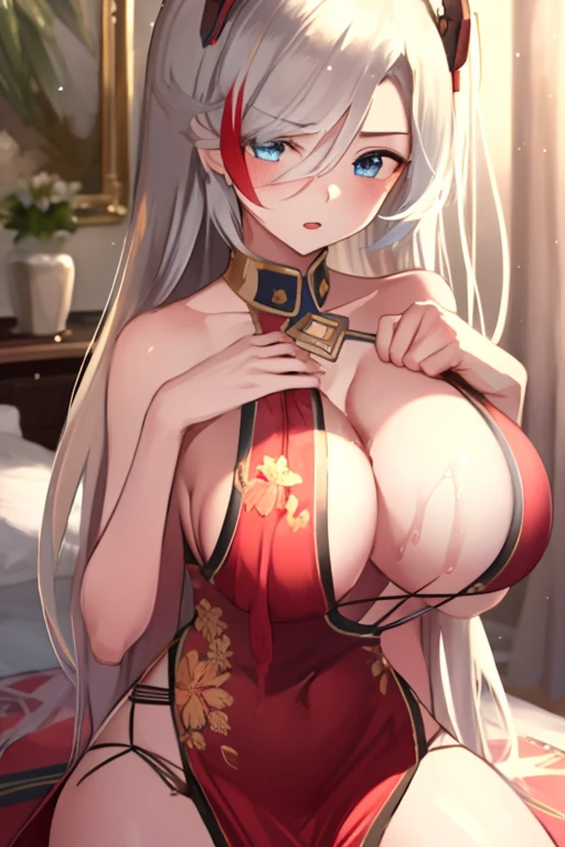 masterpiece,  best quality,  1 girl, Alone, (Big Tits 3.0), ( breast implants, fake ,  press your chest against your chest ,  perfect round breasts),  Software ,  COWBOY SHOOTING , Long Hair,  detail eyes sitting on a coral reef,whole body,, China dress on the background, red dress , big butt ,Prinz v4, clevis, 1 girl,  One Boy , Vaginal,  penis,  cowgirl position,  medium breasts, Grab your chest, 他人のGrab your chest, throw, throw hands