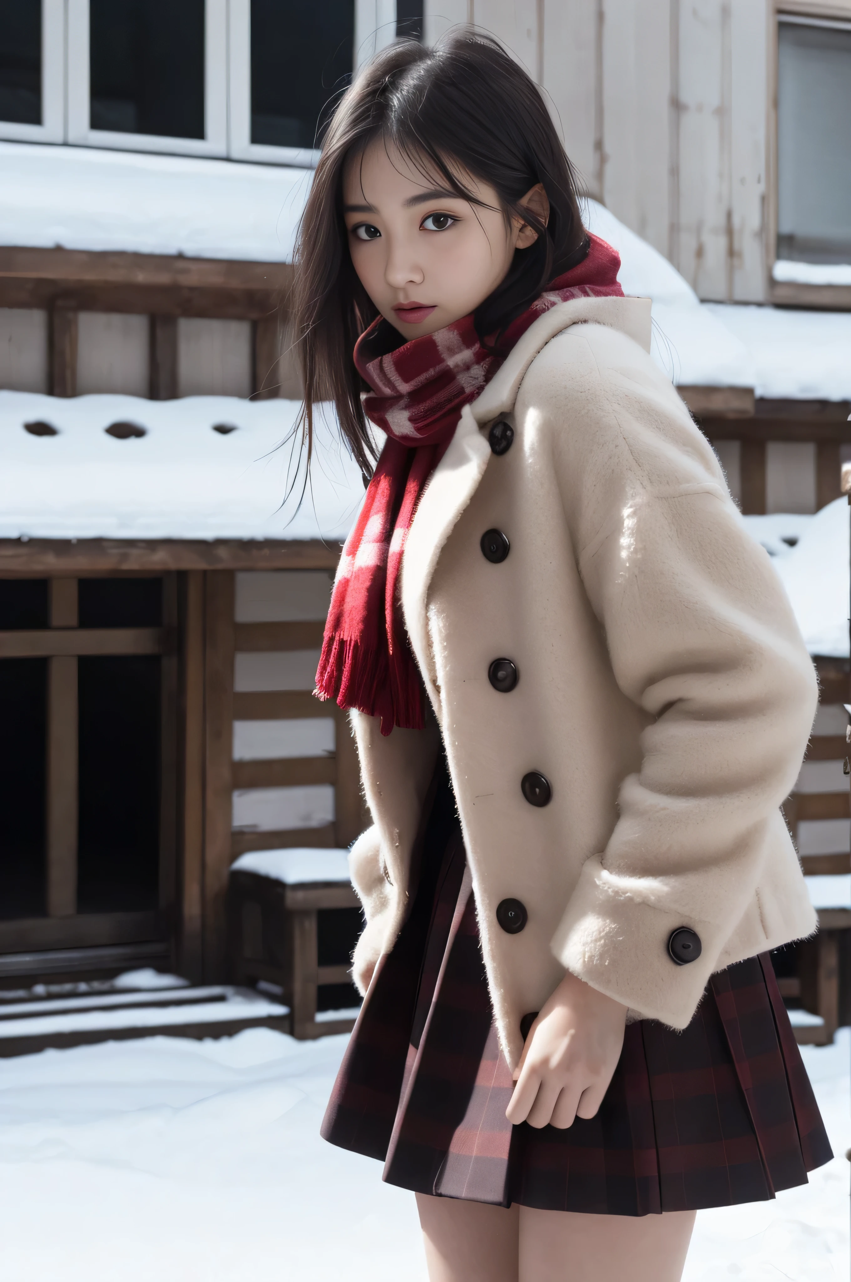 high quality, masterpiece, Ultra-high resolution, (Realistic:1.4), Raw photo, 1 Girl, Japanese，Black Hair、Moody tones, Hair swaying in the wind、Beautiful woman，２0-year-old、whole bodyショット、Sitting pose、flare skirt、cold、winter，Snow Scene，Snowfall，Fluffy white coat，Red checked wool scarf，Detailed depiction of the hand、short hair、Short Hair、whole body、Red check muffler、Strong sunlight、Shadow representation、Don't look over here、Looking into the distance