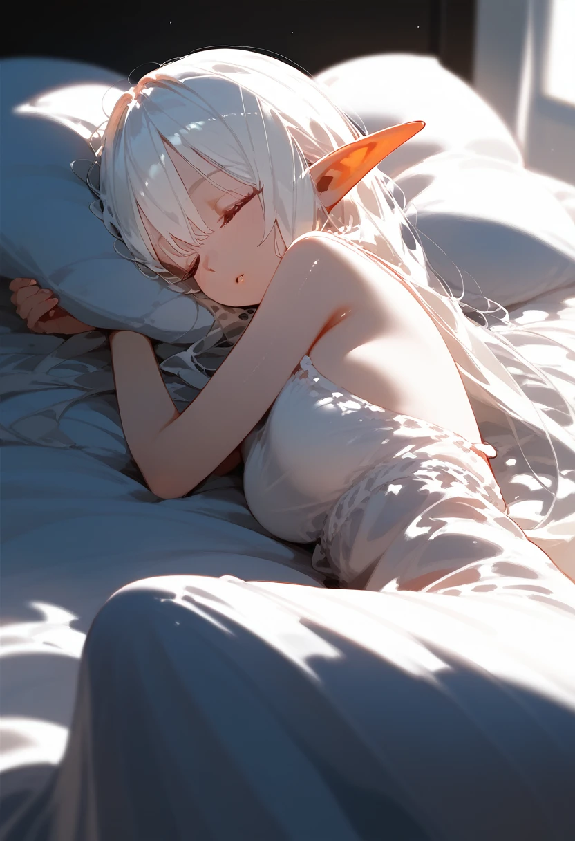alone, score_9,score_8_up,score_7_up, anthro female reshiram, white bra, white panties, sleeping, in a bed.