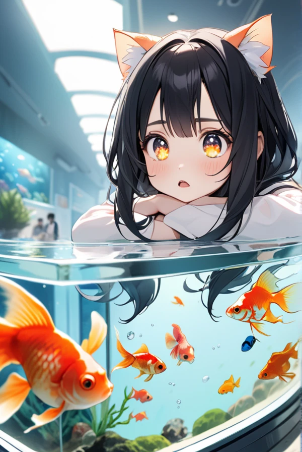 Black hair, cat ears, cat tail, aquarium, goldfish, sparkling eyes, girl gazing at aquarium