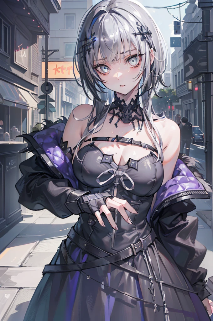 ((Realistic lighting,  best quality, 8k, masterpiece: 1.3)),  Clear Focus : 1.2,  1 girl,  Perfect figure: 1.4,  slim abs : 1.1, (half black hair ), (Gray-haired), (Outdoor,   knight : 1.1), street,  super fine,  beautiful eyes,  double eyelid ,