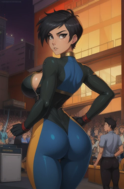 angelkof, very short black hair, short hair, tomboyish hairstyle, grey eyes, 
 navel, zipper, fingerless gloves, underwear, bodysuit chaps, cleavage,   
standing,  upper body, standing, back view, booty
city,  concert,  
(insanely detailed, beautiful detailed face, beautiful detailed eyes, masterpiece, best quality),solo, 
 