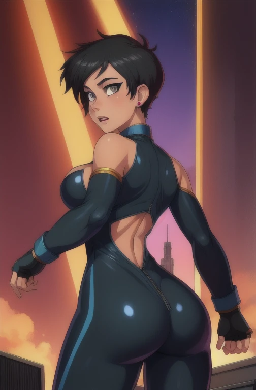 angelkof, very short black hair, short hair, tomboyish hairstyle, grey eyes, 
 navel, zipper, fingerless gloves, underwear, bodysuit chaps, cleavage,   
standing,  upper body, standing, back view, booty
city,  concert,  
(insanely detailed, beautiful detailed face, beautiful detailed eyes, masterpiece, best quality),solo, 
 