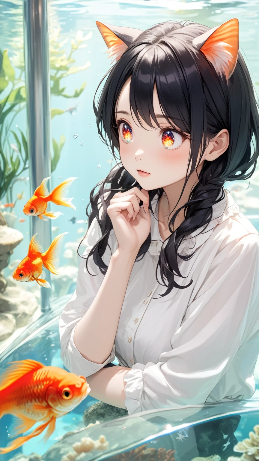 Black hair, cat ears, cat tail, aquarium, goldfish, sparkling eyes, girl gazing at aquarium