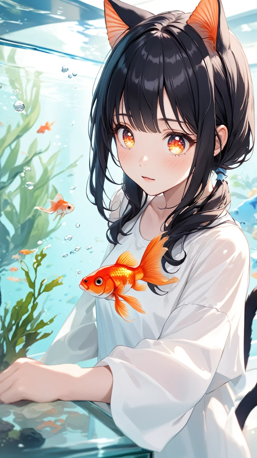 Black hair, cat ears, cat tail, aquarium, goldfish, sparkling eyes, girl gazing at aquarium