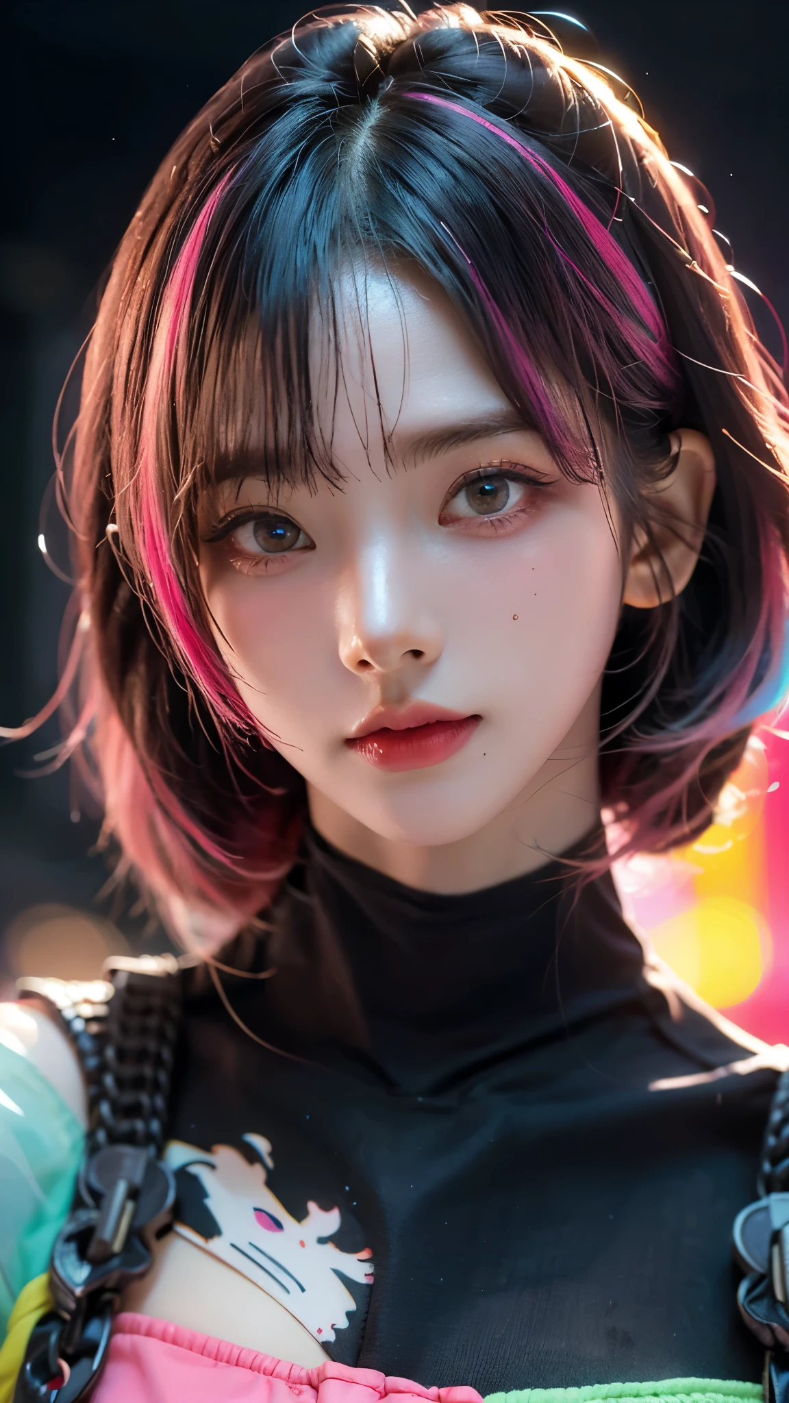 (masterpiece, highest quality, highest quality, Official Art, beautifully, aesthetic:1.2), Portrait Photography,  (Cyberpunk fashion beautiful girl 1 person), Big iridescent eyes, Beautiful skin, Expressionlesoderate breast size, （Pink and blue long hair with bangs ）, Very detailed,(Neon colored fractal art:1.3), Perfect lighting, Sharp focus, High resolution, High resolution, High color rendering, High resolution, Super realistic, 