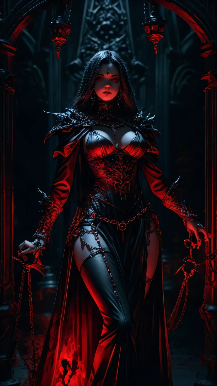 woman, ultra high details, dark fantasy, grim background, bloom, glowing red eyes, dark environment, bloody theme, sharp chains, hips up, witch, nardack, pale skin, red light,