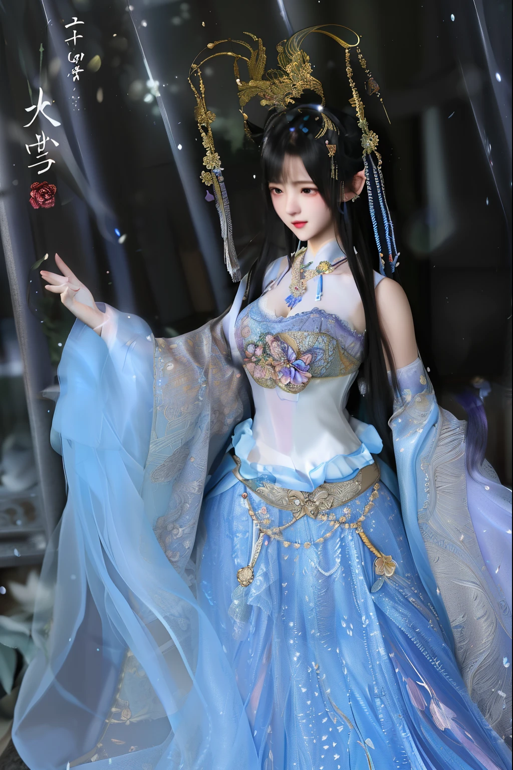 realistic, High resolution, 1 female, alone, hip up, look at the audience, (detailed face), Ahoge, architecture, bangs, bare shoulders, bell, black gloves, black pantyhose, (blue hair), blush, chest, chinese knot, removed sleeve, east asian architecture, flower knot, gloves, horn, long hair, hired \(genshin impact\), bow