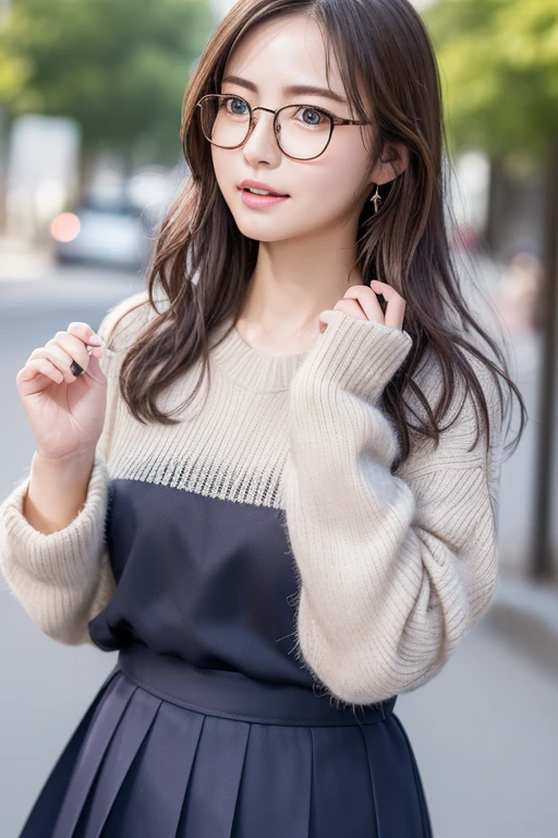 (( best quality)), ((傑 best quality、masterpiece、High sensitivity、 high definition 、詳細な描写、 Delicate Facial Description)), Slender woman、Glasses、 jumper skirt、A strong wind is blowing、Hair gets messy、 turn your skirt over 、