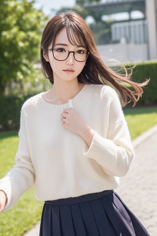 (( best quality)), ((傑 best quality、masterpiece、High sensitivity、 high definition 、詳細な描写、 Delicate Facial Description)), Slender woman、Glasses、 jumper skirt、A strong wind is blowing、Hair gets messy、 turn your skirt over 、