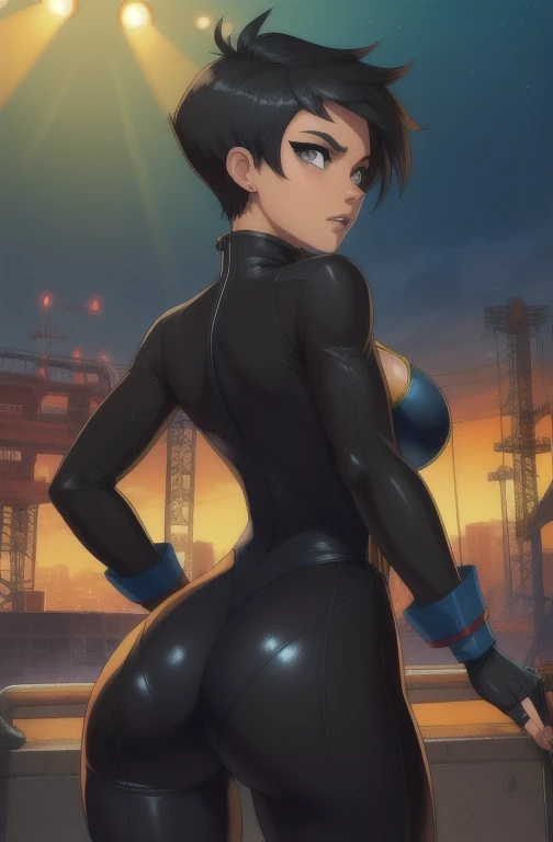 angelkof, very short black hair, short hair, tomboyish hairstyle, grey eyes, 
 navel, zipper, fingerless gloves, underwear, bodysuit chaps, cleavage,   
standing,  upper body, standing, back view, booty
city,  concert,  
(insanely detailed, beautiful detailed face, beautiful detailed eyes, masterpiece, best quality),solo, 
 